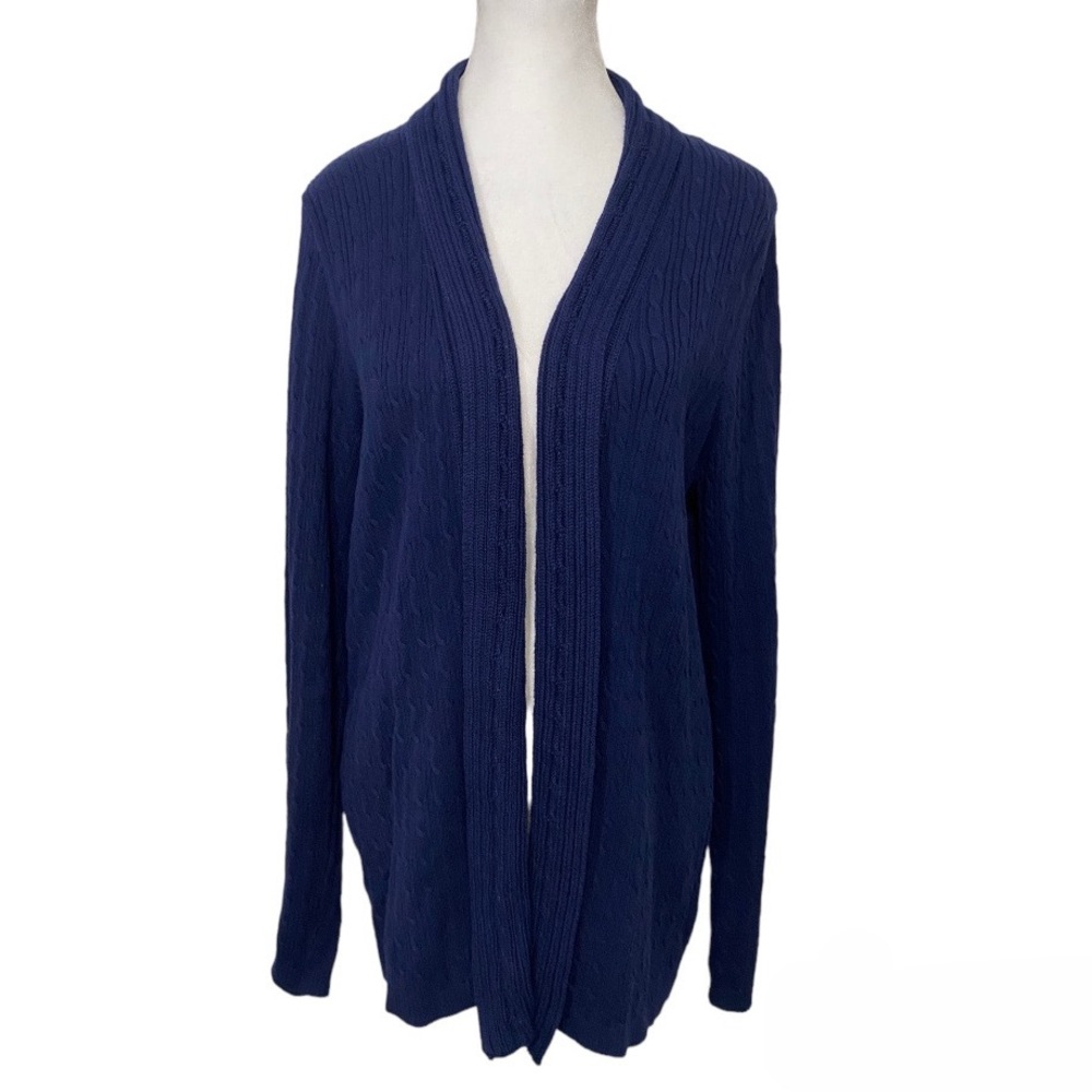 Kim Rogers Navy Cable Knit Cotton Open Cardigan Sweater Women’s Large Lagenlook